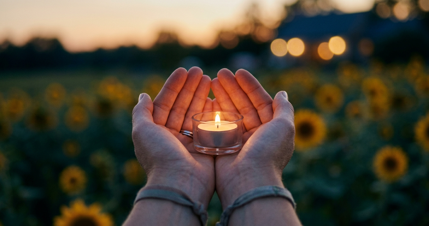 A pair of hands holding a small lit candle at dusk, representing the tender, deliberate act of allowing joy back in after suicide loss.
