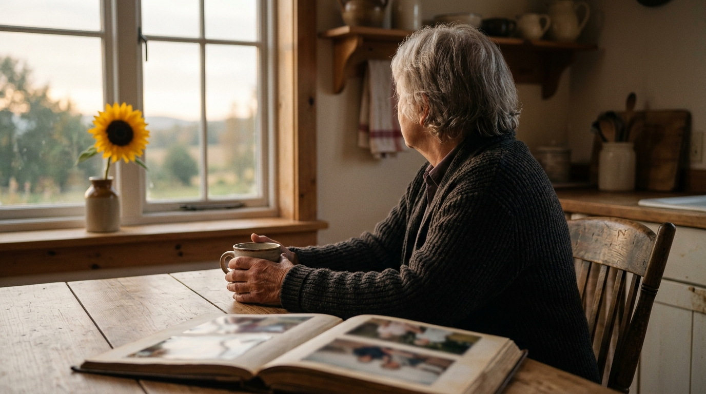 Older adult seen from behind at a kitchen table at dawn, hands around a mug.