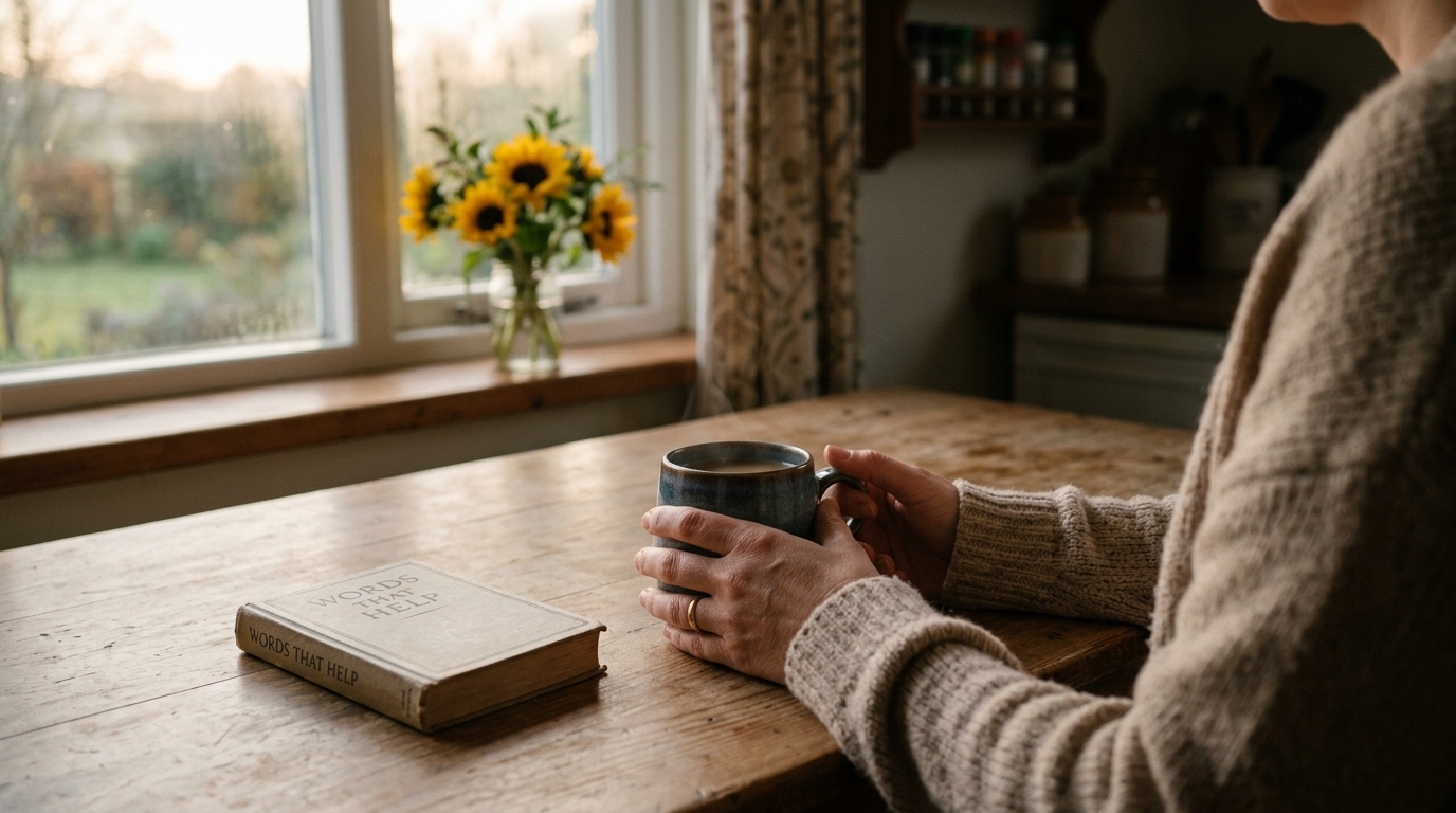Hands resting around a warm mug on a kitchen table at dawn, sunflowers nearby.